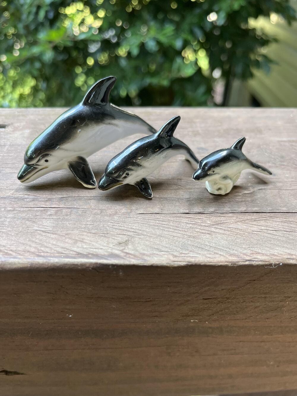 Miniature Bone China Dolphin Family, Set of 3, Vintage Ocean Animal Decor